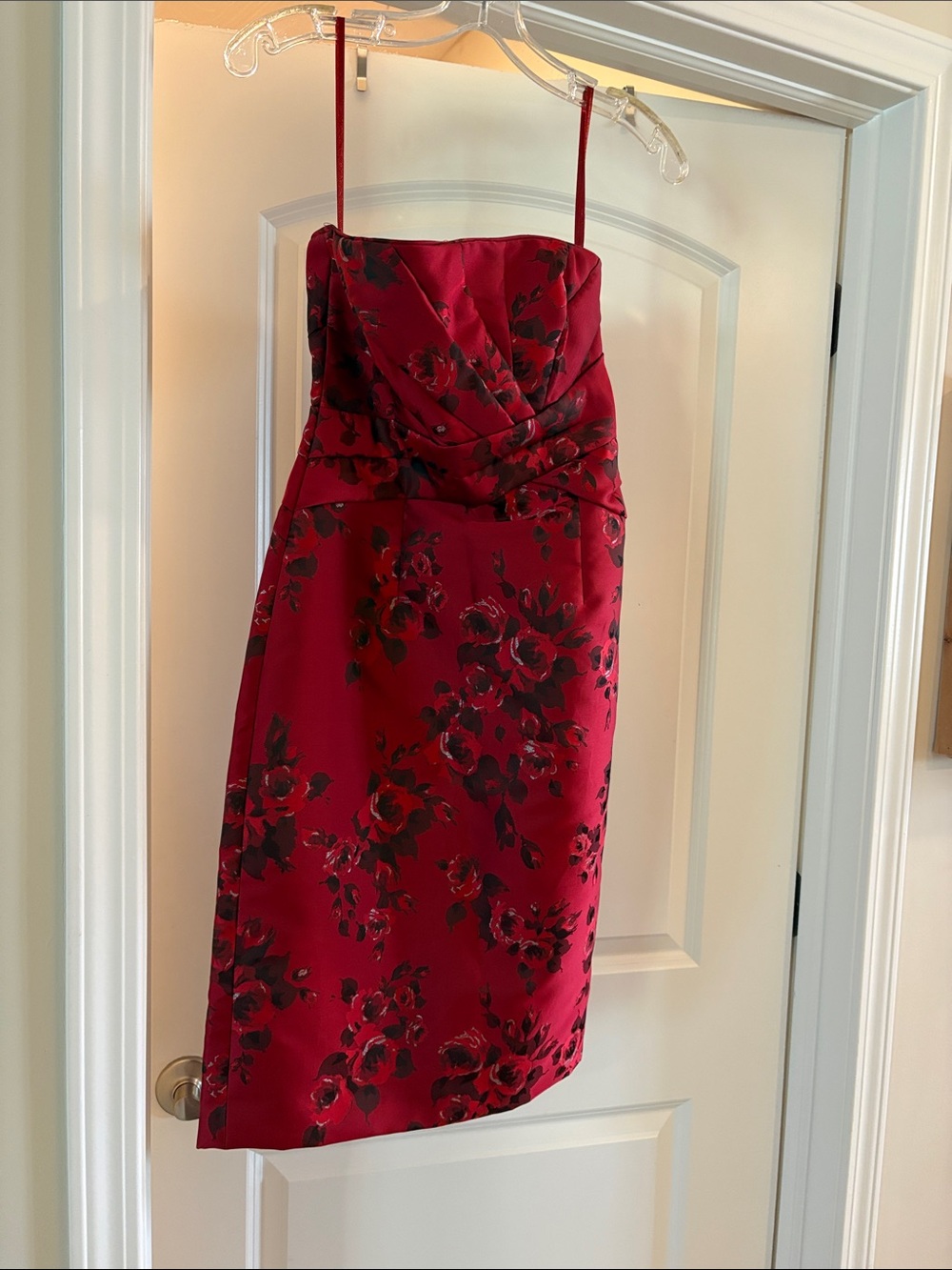 White House Black Market Red Floral Strapless Midi Dress with Draped Bodice
